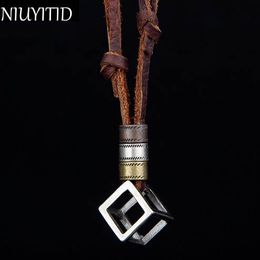 NIUYITID Men Necklace 100% Genuine Leather Adjustable Pendant Necklace Brown Black Rope Chain For Male Jewellery Dropshipping