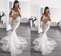 Mermaid Dresses Illusion Sheer Bateau Neck Sweep Train Long Sleeve Beach Wedding Gowns Lace Appliques Plus Size Bridal Dress