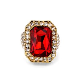 Newest Gold Ice Out Shiny Full Crystal Red Stone Gem Ring Hip Hop Bling Rock Punk Size For Men Women Tide Brand Rings Jewellery