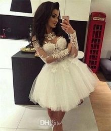 New Sheer Long Sleeves Lace A Line Homecoming Dresses 2019 Tulle Applique Knee Length Short Prom Party Dresses