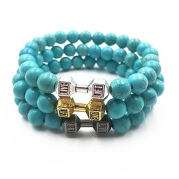 8MM Turquoise Stone Beads Dumbbell Bracelet Antique Gold Silver Women Men sports Bracelets Jewelry