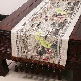 Thicken Luxury Jacquard Chinese Painting Silk Table Runner Handmade Living Room Table Decoration Embroidered Rectangle Damask Table Cloth