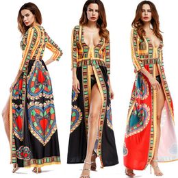 African Print Totem Printing Sexy Ethnic Style Deep V-Neck Maxi Dress Summer Women Bohemian Long Sleeve Clothes Tunic Split Long Dresses