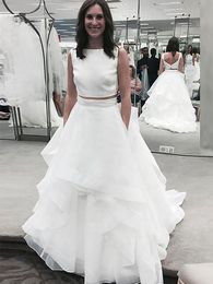 Unique 2 Pieces Wedding Dresses Open Back Satin Ruffles Organza With Sweep Train Jewel Neck Bridal Gown Custom Made Cheap