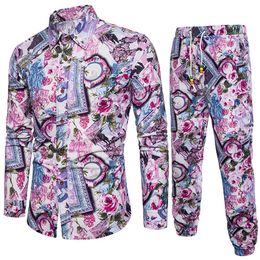 Flower Printed Men Clothing New Fashion Male Slim Tracksuits Gentleman Floral Vacation Suit 5XL Plus Size Pants And Shirts Set