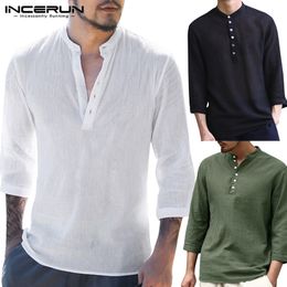 INCERUN Vintage Men Shirt Cotton V-neck 3/4 Sleeve Solid Male Tops Casual Blouse Slim Fit Fashion Men Shirt Camisa Plus Size 3XL