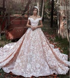 luxury ball gown off shoulder wedding dresses 2020 pattern ivory lace with pretty 3D-floral applique blushing underneath dubai bridal gowns