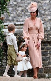 Kate Middleton Simple Chiffon Mother Of The Bride Dress Long Sleeves Tea Length Vintage Wedding Guest Dress V neck Dusty Pink Form242c