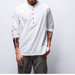 86 New Fashion T-shirt Mens coon Linen t shirts Three Quarter Sleeve Solid V Neck Slim Fit tees Chinese Style casual Tops