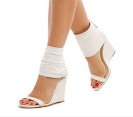 New Leather White Women Fashion Open Toe Ankle Wrap Super High Heel Wedge Sandals Real Pictures 5