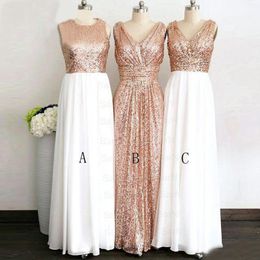 Real Sample 2018 Rose Gold Bridesmaid Dresses Long Cheap Three Styles Sequined White Chiffon Maid Of Honour Wedding Guest Gowns EN1223