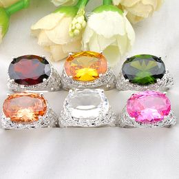 6 pcs/Lot Luckyshine Holiday Gift Oval Mix Colours Cubic Zirconia Crystal Gemstone 925 Silver Fashion Charm Women Ring Jewellery