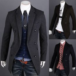 Wholesale- New fashion Mens Long Trench Coat Suit Collar Double Breasted Size M-XXL