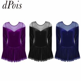 DPOIS New Women Long Sleeve Velvet Figure Skating Dress Adult Ballet Tutu Dress Gymnastics Leotard Practise Dance Costume198K