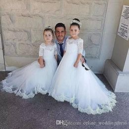 White Ivory Ball Gown Long Sleeves Flowers Girls Dresses for Weddings Lace First Communion Dress Pageant Dresses with Bow