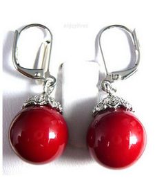 LL<<<Hot sale Red Coral shell Beads White Plated Flower Hook Earrings