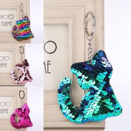 Cute Cat Keychain Glitter Pompom Sequins Key Ring Gifts for Women Charms Car Bag Accessories Key Holder