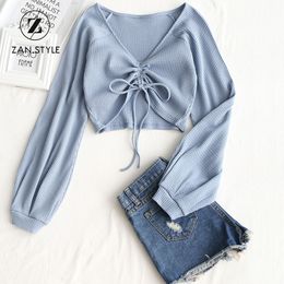 ZAN.STYLE Gathered Textured Knitted Blouse Women Shirts Long Sleeve V-Neck Cropped Blouse Bow Knot Pullovers Women Tops Blusas