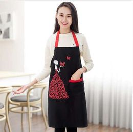 Cute Printed Aprons For Woman Kitchen Cooking BBQ Baking Chefs Anti-Fouling Apron With Pocket Kitchen Accessories Red/ Black