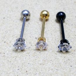 Punk Tongue Ring Cubic Zirconia Tongue Stud Piercing Bar 14G Titanium Steel Body Piercing Jewelry Gold Silver Black Party Gift