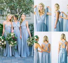 Baby Blue Cheap Simple Convertible Bridesmaid V Neck Sweetheart Pleats Floor Length Wedding Gust Dresses Maid Of Honour Gowns