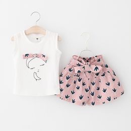 Одежда для девочек Летняя детская одежда мода футболка без рукавов + печать шорты 2 шт. Для детской одежды набор одежды девочка наряды
