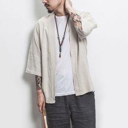 New Male Japan Style Kimono Shirt Jacket Men Fashion Casual Cotton Linen Cardigan Shirt