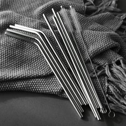 Straight Bent Drinking Straws Stainless Steel Straws Cleaning Brush Black Straw Bag Pouch