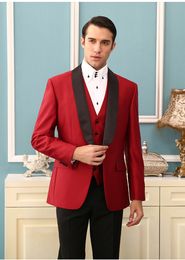 New Style Red Groom Tuxedos Black Shawl Lapel Center Vent Groomsmen Mens Wedding Tuxedos Best Popular Man 3Piece Suit(Jacket+Pants+Vest+Tie)