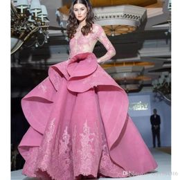 Glamorous Asymmetrical Saudi Arabia Evening Gowns Lace Appliqued Long Sleeves Tulle Prom Dress Fantasy Couture Ball Gown Evening Dresses