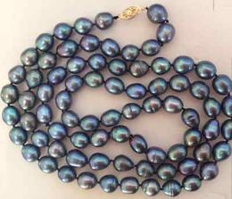 single strands 11-12mm tahitian baroque black green pearl necklace 38inch 14k