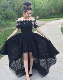 Sexy Black High Low Prom Dress Off the shoulder with Illusion Sleeves Tulle Lace Applique Short Front Long Back Homecoming Party Formal