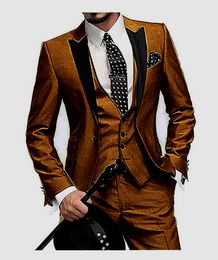 New Arrival Groomsmen Brown Groom Tuxedos Peak Black Lapel Men Suits Wedding Best Man Bridegroom (Jacket + Pants + Vest + Tie) L168