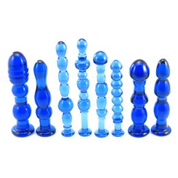 Blue Glass Anal Plug Buttplug Set Anal Glass Dildo Vagina Plug Dilatador Anal Beads Prostata Massage Sex Toys For Women Men Y18110106