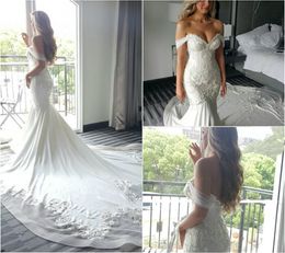 Sexy Mermaid Wedding Dresses Off The Shoulder Lace Pearls Long Train Slim Fit Beach Bridal Gowns Plus Size vestido de novia
