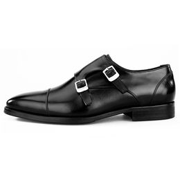 Double Buckle Black / brown tan oxfords business shoes genuine leather wedding shoes mens dress shoes fashion office shoe