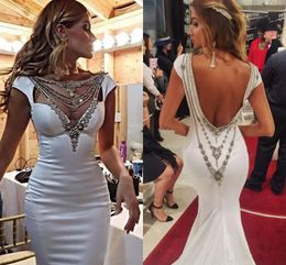 Glamorous Mermaid Prom Dresses Evening Wear Chic Crystal Cap Sleeves Satin Backless Formal Celebrity Prom Gowns for Women