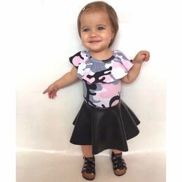 Baby Girls Clothes 2018 Newest Fashion Pink Comouflage Sleeveless T Shirts+ PU Skirts 2Pcs Set Kids Children Summer Clothing Outfits