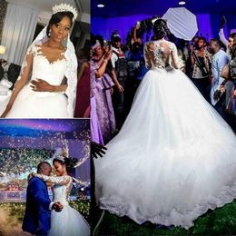 Stunning Long Sleeve Sheer Wedding Dresses Lace Said Mhamad Arabic African Bride Ball Vesti0do de novia Bridal Gown Plus Size Custom