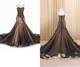 Mermaid Evening dresses Cheap Long 2021 With Spaghetti Straps Applique Lace Corset Back Black Champagne prom Formal Dress Gowns