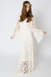 Newest Vintage-Inspired Bohemian Wedding Gown BELL SLEEVE LACE Crochet Ivory or White Hippie Wedding Dress Boho Embroidered Maxi Lace Dress