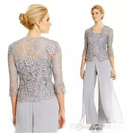 2020 Mother of the Bride Dress Pant Suits Silver Customised Spaghetti Straps Top Long Pants Sheer Lace Jacket with Sleeves 3 Pieces