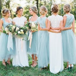 Romantic Light Blue Bridesmaid Dress A-Line High Low Square Neck Sleeveless Tulle Bridesmaid Dress Country Style Wedding Guest Dresses