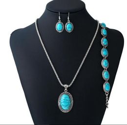 Fashion accessories vintage Jewellery three pieces set oval blue turquoise necklace earrings bracelet set