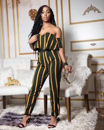 VAZN 2018 Hot Sale Exotic Designer Casual 2 piece Women Set Striped Slash Neck Short Sleeve Long Pant Women Set Q5024