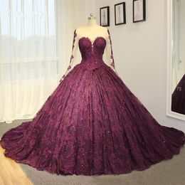 Stunning Luxurious Ball Gown Prom Dresses Sweet 16 Quinceanera Dress Long Sleeve Full Lace Beads Evening Gowns