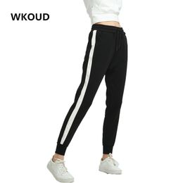 WKOUD Women Pants Side Striped Sweatpants Spring Ankle-Length Loose Harem Trousers Black with White Female Casual Wear P8095