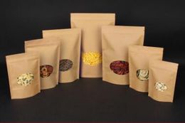 Zip Lock Standing Kraft Paper Bags with Round Window Yellow Kraft Pack Storage Dried Food Fruits Tea Electronic Product Pouches