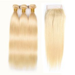 #613 Blonde Straight Long Hair 10"-24" Bundles Closures Cheap Brazilian Peruvian Malaysian Human Hair Weave 3 Bundles With 4*4 Lace Closure