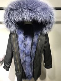 women snow coats Dark blue raccoon fur trim Mukla furs brand dark blue fox fur liner black long jackets